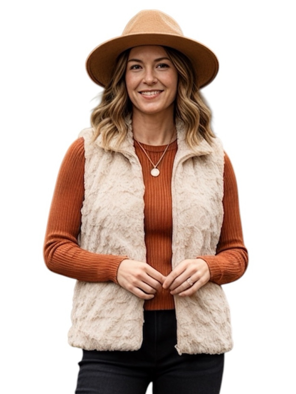 Andrea Faye Cream Soft Faux Fur Full Zip Vest Jacket Cinchback Size XL